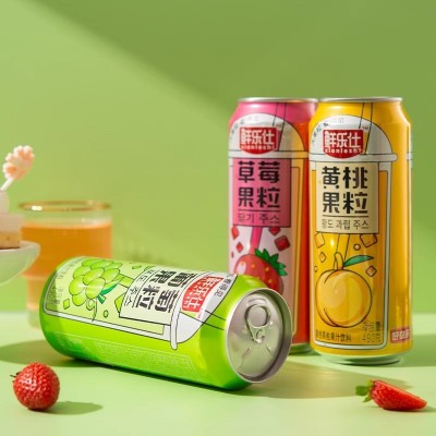 好益多果粒饮料490ml*5罐整箱鲜乐仕黄桃罐头果肉果汁葡萄味罐装饮品图3