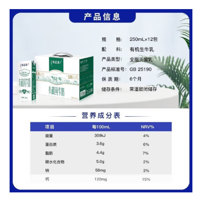 蒙牛3.6g蛋白质 特仑苏有机牛奶苗条装 250ml*12盒 整箱装（十件起订）图5